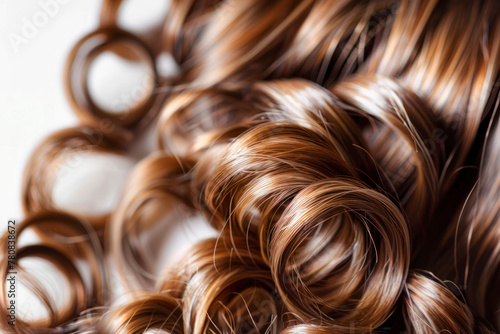 A closeup view of a bunch of shiny curls brown hair.