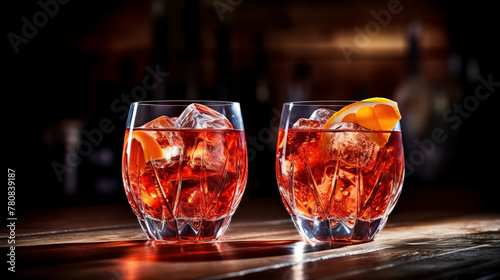 Two Alcoholic Cocktail Gin and Tonic, Negroni. On a black wooden background