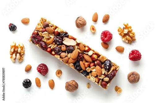 Nutritious energy snack Granola bar with nuts fruit berries and protein Isolated on white background Sporty muesli bar top view