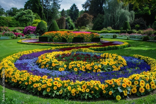 Parks with colourful flowerbeds in summer blooming with yellow flowers and formal garden design