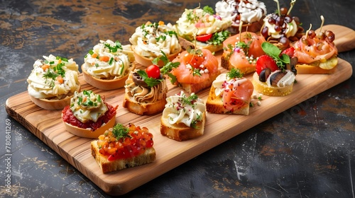 Assortment of delicious canapes on wooden board. Festive banquet service, catering food or buffet at the reception.