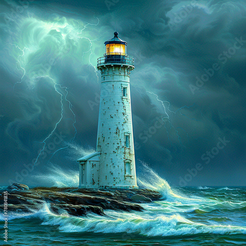 Lonely lighthouse, stormy sea backdrop, beacon of hope