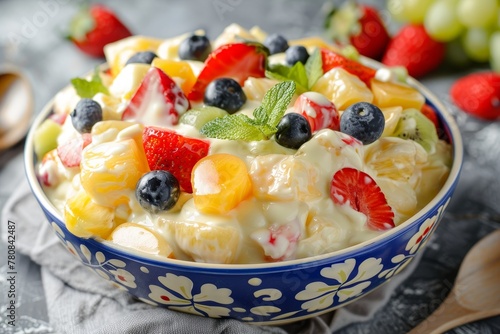 Popular recipe for creamy custard based fruit salad desert served in a bowl