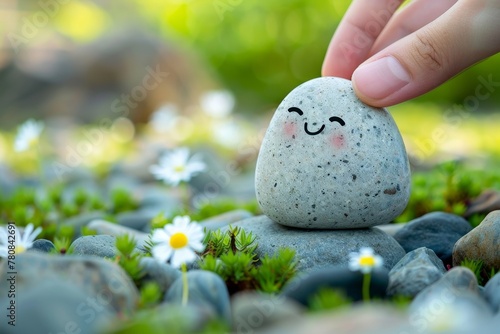 Practicing mental health by balancing body mind soul and spirit with a natural pebble stone and smiling face cartoon in a flower garden