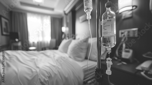 Gros plan d'une poche à perfusion intraveineuse (IV bag), à côté d'un lit d'hôpital dans une chambre d'un établissement de soin