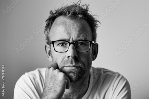 middle age handsome man wearing glasses black and white portrait