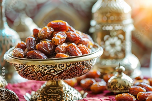 During Ramadan Muslims typically break their fast with water and pitted dates a traditional iftar food in a metal bowl