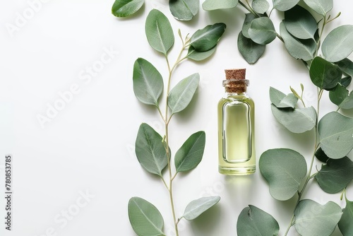 Eucalyptus oil bottle white background with leaves