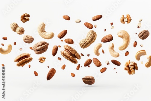Floating assorted nuts mix levitating over white background