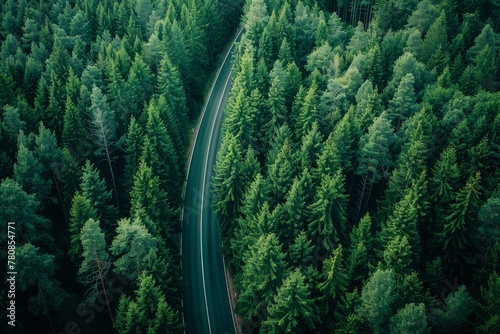 Forest road seen from above highway through trees drone s perspective summer natural landscape travel image