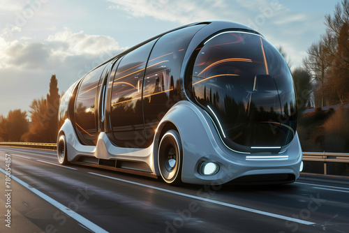 A hybrid futuristic electric shuttle bus is an autonomous smart vehicle transport option for future AI Generative