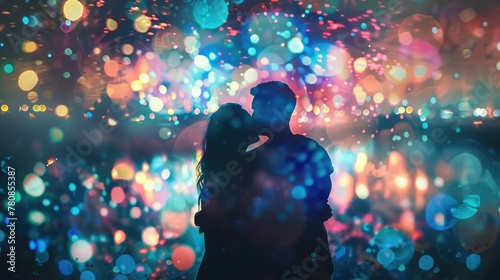 Romantic couple in an embrace, with vibrant fireworks reflected in their eyes, sharing a moment