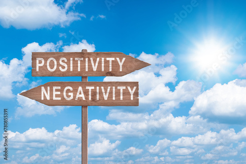 Positive Or Negative concept road sign with cloudy and sunny sky background.