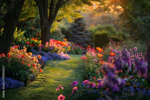 Garden full of flowers surrounded by trees at sunset