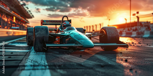 A race car is on a track with a sunset in the background. The car is in motion and he is speeding