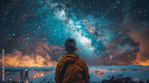 Man stargazing under a cosmic night sky