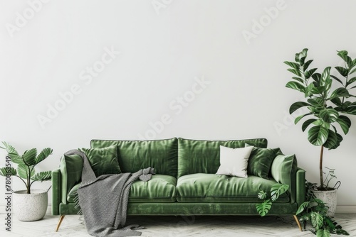 A cozy living room with a green couch and potted plants. Perfect for home decor or interior design concepts