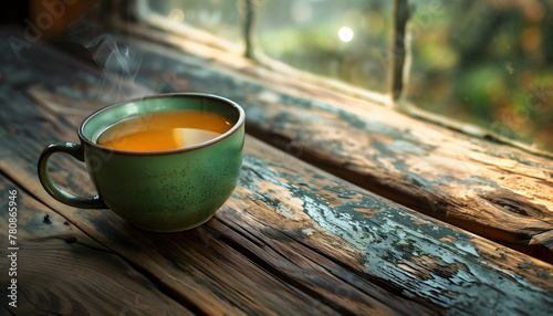 A smoking hot cup of delicious tea situated on top of an old rustic, yet charming wooden table
