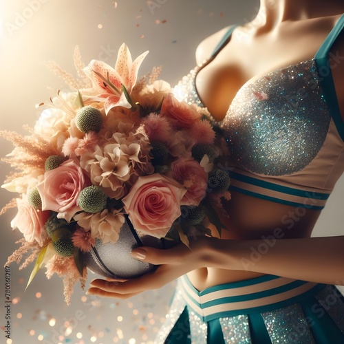 Close-up of a cheerleading girl holding a bouquet of flowers