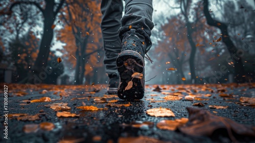 Person walking in the rain with leaves on the ground. Suitable for weather or autumn concepts