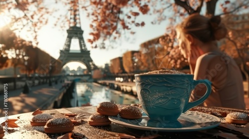 A blue cup of coffee, a few little sakura cookies, a few sakura on the table, close up, the Eiffel Tower, Seine, morning sun lights, generated with AI
