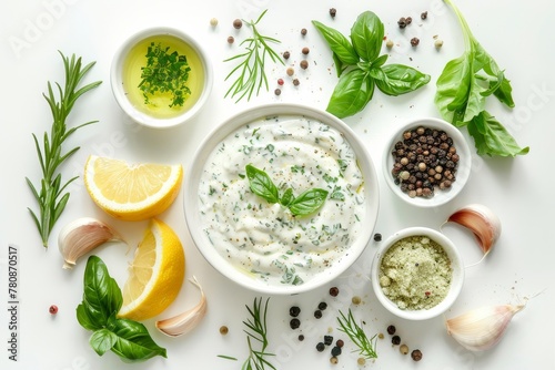 Ingredients and tartar sauce on white background