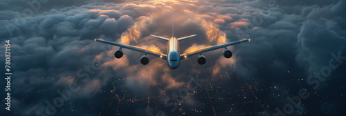 Shiny passenger plane flies through the clouds over the night city. Airplane, front view, banner with place for text. The concept of aviation, airplane travel and a sense of freedom