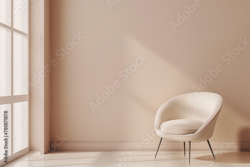 Minimalist interior: a bright room with pale peach-beige walls, an armchair in front of a floor-to-ceiling window