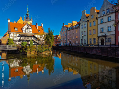 Gdansk, Poland March 21, 2023: View of the Millers Guild house and the Radunia Canal in Gdansk. Poland