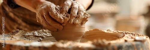 Skilled hands of an artisan expertly shape the malleable clay on a traditional potter's wheel