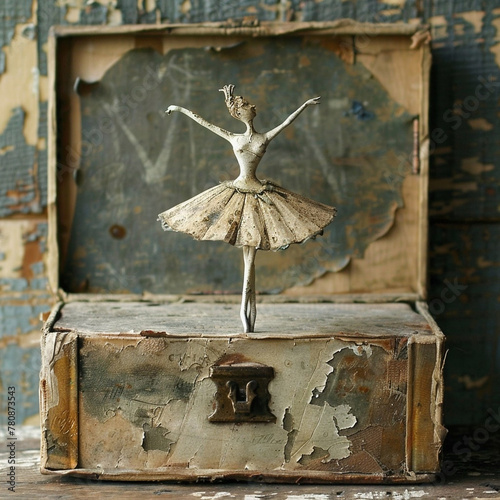 Antique box with an old doll ballerina inside