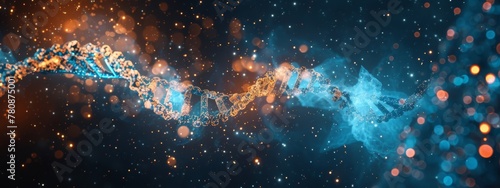 3D render of a double helix DNA structure floating in space, glowing and sparkling with energy. Dark blue background creates an atmosphere of mystery and science fiction.