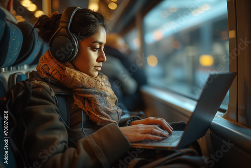 Young happy entrepreneur using her laptop while riding in a train. Copy space.