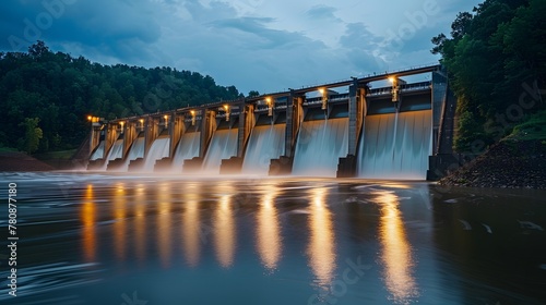 A hydroelectric dam at twilight, with water cascading down its spillways, surrounded by lush forests, and the dam's lights reflecting on the calm water surface.