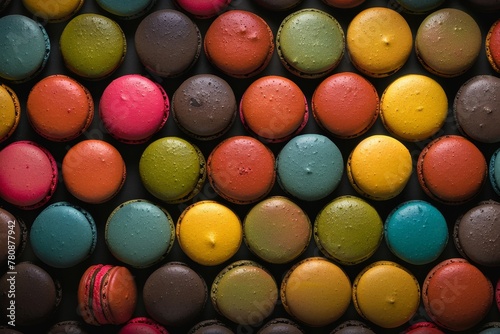 Rows of vibrant macaron cookies in full screen on a dark background assorted with vivid colors top view Bakery theme