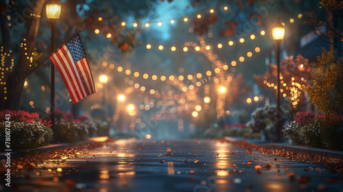 American flag in the city with blur background, memorial day, american flag on the street, Ai generated