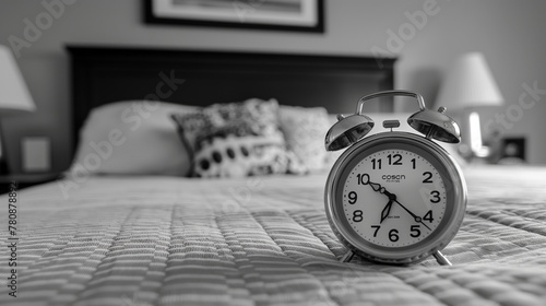 Zbliżenie na staromodny zegarek stojący na krawędzi łóżka