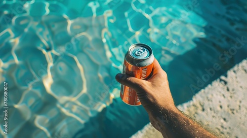 A hand holding an unbranded red soda can, with a swimming pool in the background.