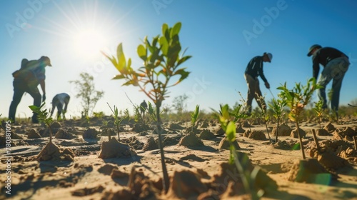 World Day to Combat Desertification and Drought, June 17. Hope grows as volunteers plant trees in desertifying land, sun overseeing