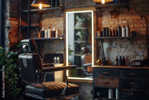 Barbershop with backlit mirror and open area for haircuts in workplace