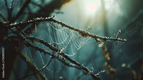 Dew-kissed spiderweb on spring morning
