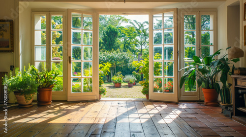 A warm, inviting view through open French doors leading to a sunlit garden, portraying a serene indoor-outdoor harmony