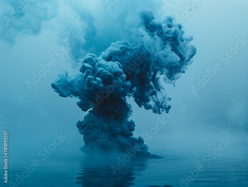 Abstract image of dark blue ink diffusing into water, creating a smoky effect on a light blue background