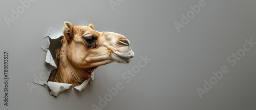 Creative image featuring a camel profile looking through a perfectly round hole in white paper simulates a curious peek