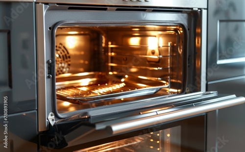 Close up of opened microwave inside oven