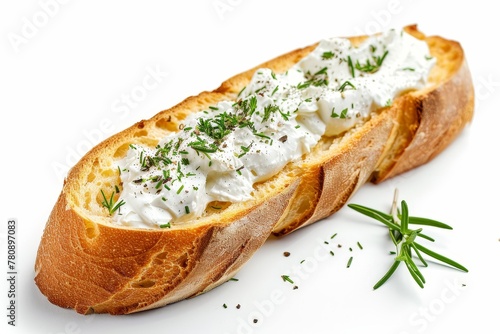 Crusty baguette with cream cheese and herbs alone