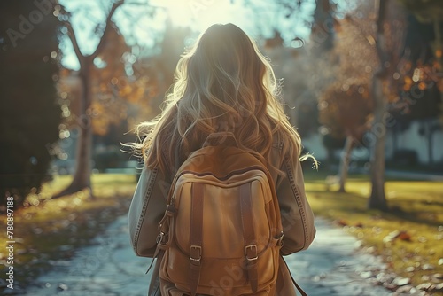 Female student walks on school campus with backpack. Concept School Life, Student, Campus, Backpack, Walking