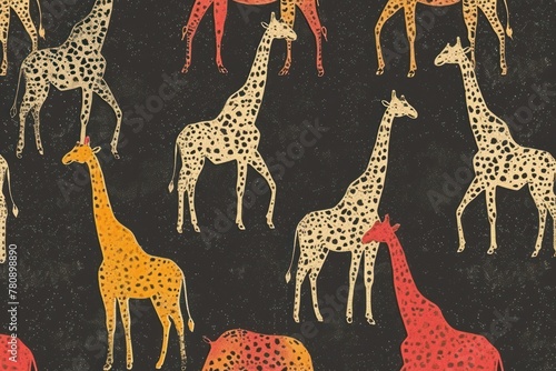 Colorful giraffe patterns on a dark background, suitable for textile design or wallpaper.