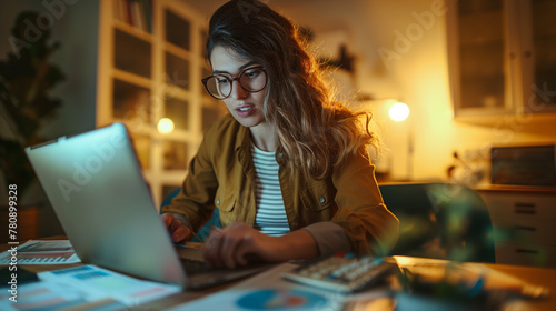 With intense concentration, a businesswoman sits at her desk, her face partially obscured by the glow of her laptop screen,