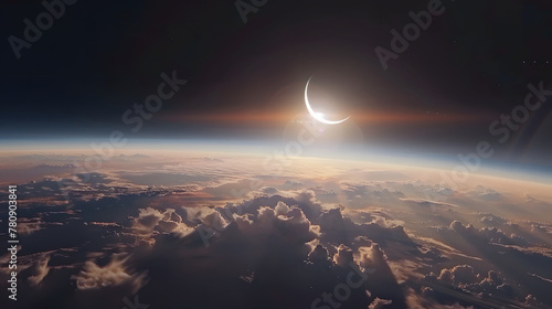 Majestic Crescent Moon Rising Above Earths Horizon at Dawn
